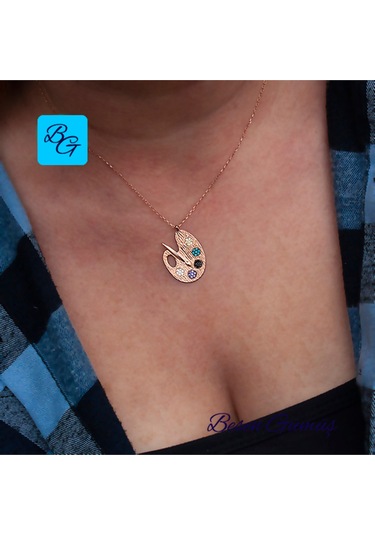 Rose Renkli Taşlı Resim Paleti Kolye Rose - Gold -  Gümüş