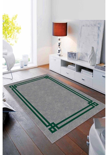 Yeşil Çerçeveli Kaymaz Taban Makinede Yıkanabilir Halı Rv057