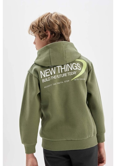 DeFacto Erkek Çocuk Haki Sırt Baskılı Kapüşonlu Cepli Sweatshirt C9789A824AUKH450