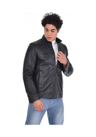 Hakiki Deri Siyah Erkek Deri Mont Omuzdan Baklava Desenli Dört Cepli Deri Ceket Siyah