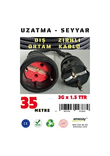35 Metre Dış Ortam Spiral Zırhlı Uzatma Kablosu - G3x1.5 Kablo Kesiti 35 Metre