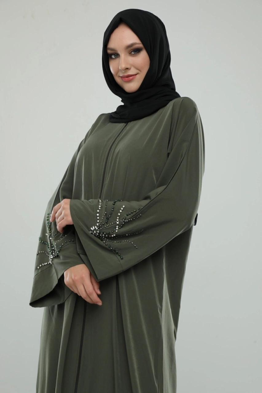El Işi Taş Işlemeli Fermuarlı Haki Renk Ferace Tesettür Kadın Haki