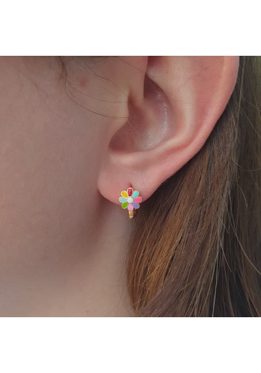 Rengarenk Mineli Klipsli Çiçekli Papatyalı Gümüş Çocuk Küpesi