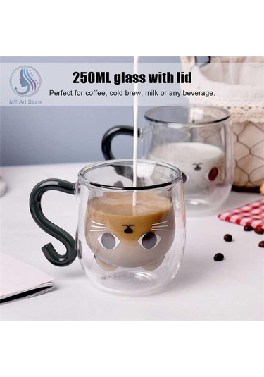 Createtech Çift Duvar Cam Kedi Şekli Bardağ Kaşık Fincan Seti Şeffaf, Kapaklı, Ev Ofis Şeffaf