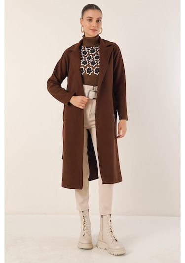 9118 Kruvaze Yaka Kaşe Kaban - Kahverengi Kahverengi