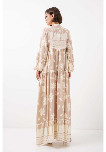 Gabria Ön Düğmeli Desenli Viskon Elbise Taş