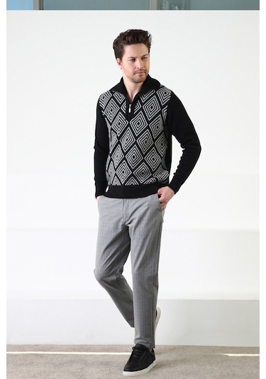 Ferraro Siyah Kare Desenli Dik Yaka %100 Kuzu Yünü Erkek Kazak Siyah (536161052) Siyah
