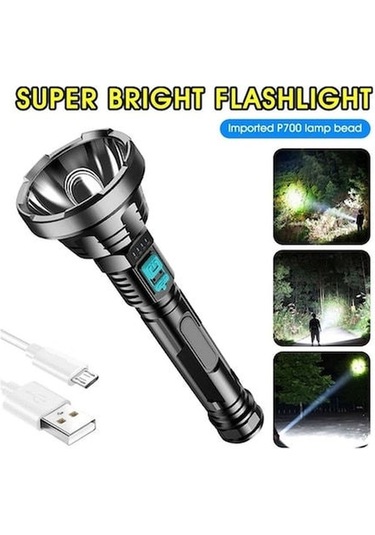 Geeksen P700 Led Işık Kaynağı Usb Şarjlı Fener, Ipx6 Su Geçirmez, 3 Seviye Parlaklık, 99 Saat Pil Ömrü, Akıllı Pil Göstergesi, Siyah Siyah