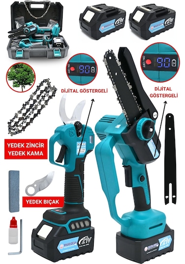 Dijital Göstergeli Plus Makas Testere Seti Kömürsüz Çift Pala Çift Zincir Yedek Bıçaklı 10 Pilli