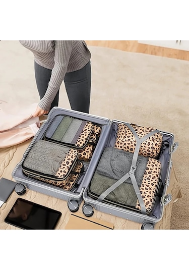 Fochsia 6lı Seyahat Sıkıştırma Paketleme Küpleri Çanta Bavul Düzenleyici Pembe Leopar Desen Ahşap