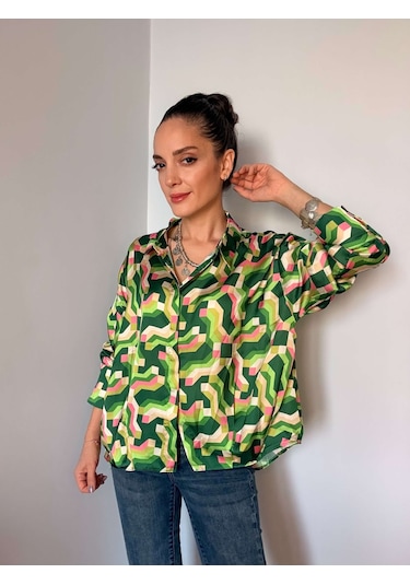 Ali Butik Retro Yeşil Desenli Saten Gömlek Yeşil