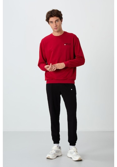 Tommy Life Kırmızı - Siyah Casual O Yaka Lastik Paça Pamuklu Erkek Oversize Eşofman Takımı - 85120 Kırmızı - Siyah