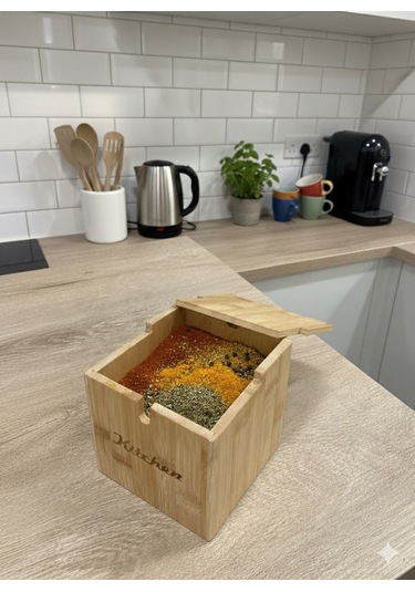 Qerhome Bmabu Kapaklı Ve Kaşıklı Şekerlik - Tuzluk - Baharatlık Veya Baharat Kabı 12 Cm 12 Cm Ahşap