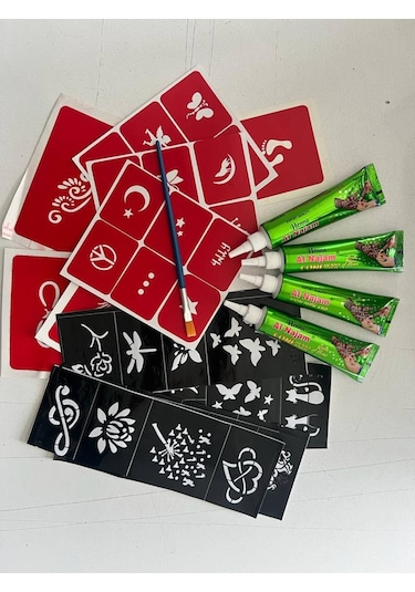 Al Najam Hint Kınası Kırmızı 4'lü + Şablon 30'lu + Fırça Geçici Dövme Seti