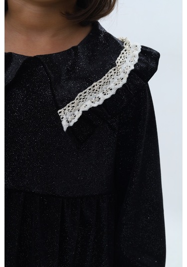 Toontoy Kız Çocuk Yaka Detaylı Fırfırlı Elbise Siyah