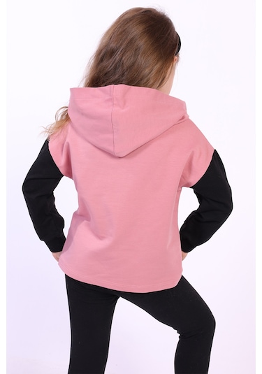 Toontoy Kız Çocuk Kapüşonlu Blok Renkli Sweatshirt Gülkurusu