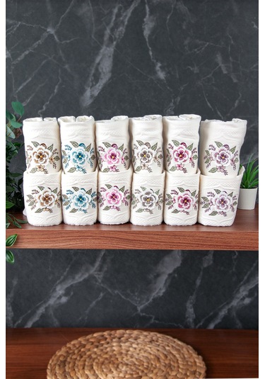 %100 Pamuklu 3d Çiçek İşlemeli 12 Li Analı Kızlı Çeyizlik Havlu Seti 50x90 Cm - 00030 Beyaz