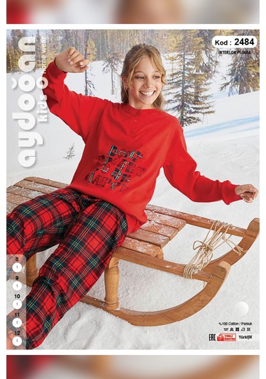Aydoğan Kız Garson Koza İnterlok Kırmızı Ekose Pijama Takımı 2484 001