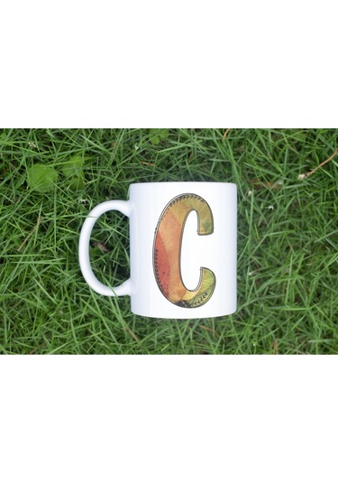 C Harf Yaprak Renkleri İle Kupa Bardak - Kişiye Özel Alfabe Harfli Bardak - Hediye Beyaz
