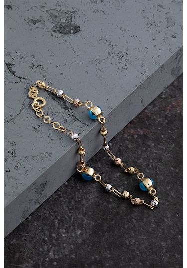 14 Ayar Altın Üç Renk Toplu Nazar Boncuk Tasarım Ataç Zincirli Sarı Altın