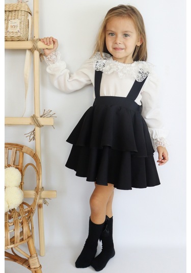 Kız Çocuk Helen Askılı Kat Kat Bağlama Jile Elbise Dantel Detay Uzun Kollu Bluz Takım Siyah
