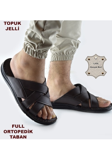 Jel Taban 034 Günlük Tam Ortopedik Hakiki Deri Erkek Terlik Puff Taban Kahverengi