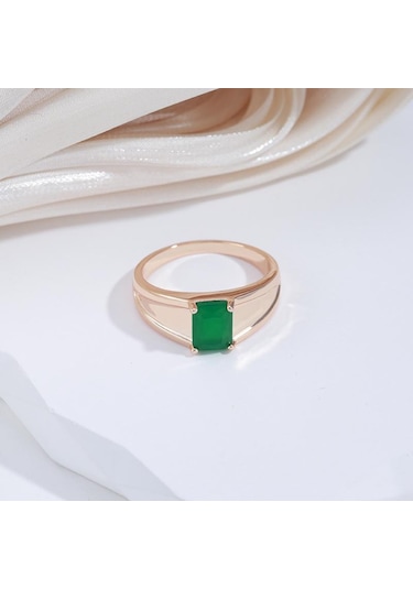 Kinel Kare Koyu Yeşil Opal Zirkon Kadın Yüzük 8 Rose Gold