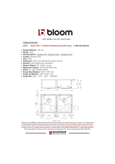 Bloom Loft 2 Gözlü Paslanmaz Çelik Eviye 34 / 34 x 70 CM