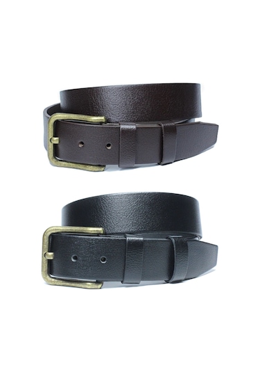 2'li Hakiki Manda Derisi Antik Sarı Tokalı Erkek Kemeri 4cm Çok Renkli