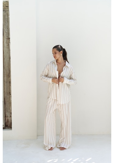 Priskiana Bağcıklı Vizon Pantolon Gömlek Takım Vizon