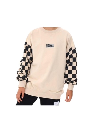 Erkek Çocuk East Coast Yazılı Kolları Dama Desenli Sweatshirt-13413-camel