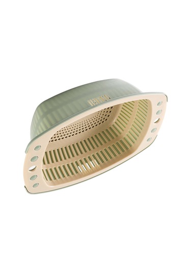 Konesam Çift Katlı Plastik Sebze Yıkama Sepeti - Su Süzme, Depolama Ve Taşınabilir Mutfak Aleti Asker Yeşili Yeşil