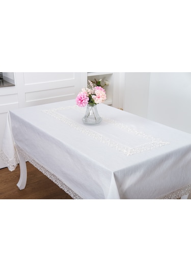 Finezza Gilda Lüx Dantelli Simli Kumaş Krem Masa Örtüsü  160x220 cm -1468