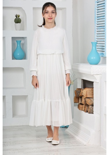 Kız Çocuk Uzun Boydan Pliseli Pamuklu Şifon Uzun Elbise Beyaz