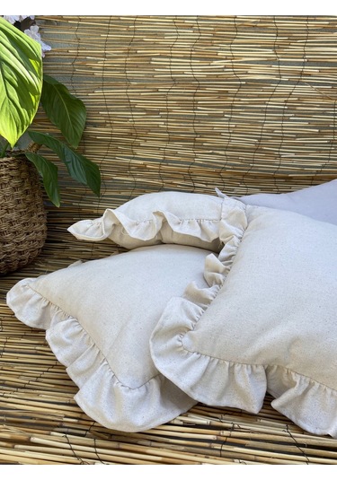 Keten, Bohem, Fırfırlı, Vintage, 4'lü Kare Kırlent Kılıfı Naturel