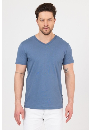 Erkek Compact Penye V Yaka T-shirt Turkuaz