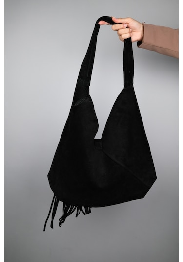 Rosalın Siyah Hakiki Süet Deri Püsküllü Kadın Omuz Çantası Siyah Süet Siyah