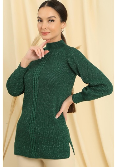 Boyun Dekolteli Saç Örgülü Desen Büyük Beden Spor Tunik Kazak-35299 - Yeşil