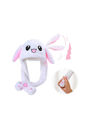 Mj Toys Peluş Tavşan Şapka Kulakları Hareket Eden Işıklı Modlu Beyaz