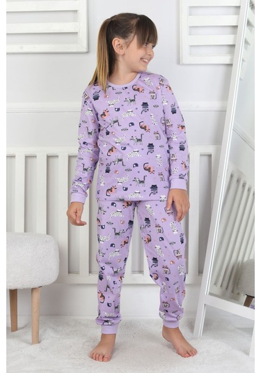 Uzun Kollu Cute Cat Desenli Kız Çocuk Pijama Takımı Mor