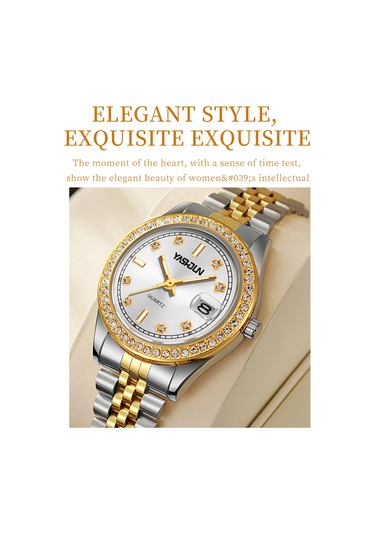 Yashıdun 5068 Şık Kadın Kuvars İzle Çelik Kayış Taklidi Dekor Aydınlık Saat - Altın Kadran