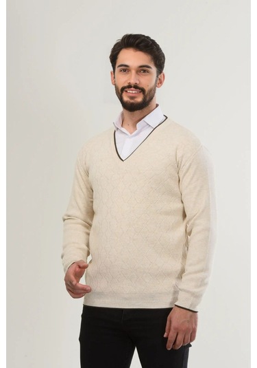 Kamalı Erkek V Yaka Triko Uzun Kol Standart Fit Tüylenmeyen Triko Kışlık Örgü Kazak Taş