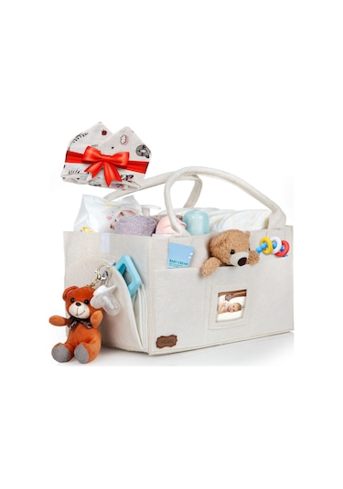 Galanz Keçe Kapaklı Anne Bebek Bakım Çantası Bej + 2 Adet Ağız Mendili Bej