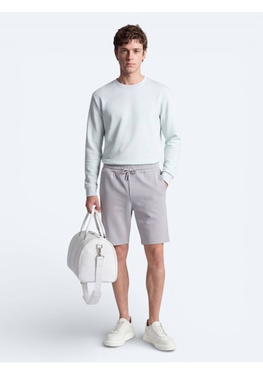 Kip Gri Düz Örme Jogging Fit Spor Bermuda