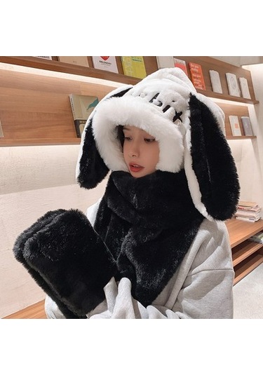 Şapka Takımı Eşarp Eldiven Şapka Kışlık Sıcak 3 Adet Set Tavşan Kulağı Peluş Kap Siyah