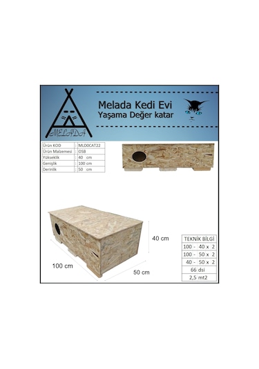 Melada Kedi Evi Dış Ortam Uygun Ahşap Kedi Evi Osb 100x50x40 Cm
