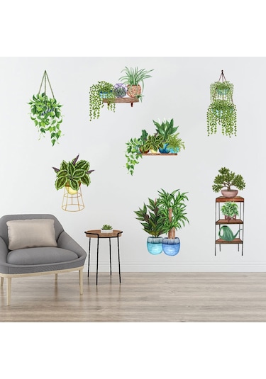 Saksılı Çiçek Tasarımlı Yapışkanlı Sticker 5060 Çok Renkli