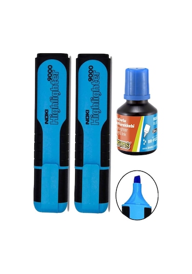 Fosforlu İşaret Kalemi Mavi Doldurulabilir 2 Adet ve Mürekkebi 30ml 1 Adet Fosforlu Neon Kalem Mavi