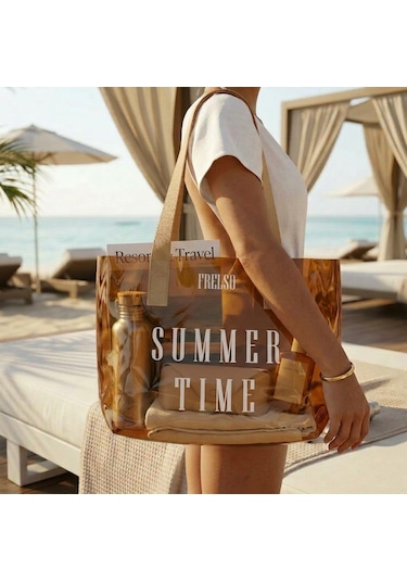 Frelso Şeffaf Plaj Çantası Baskılı Kadın Beach Çanta Kahverengi