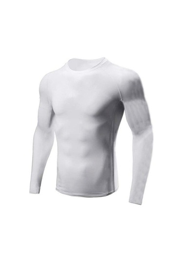 Beyaz Muscleguys Koşu Tişörtü Spor Sıkı Uzun Kollu Spor Erkekler Sıkıştırma Gömlek Koşu Hızlı Kuru Egzersiz Eğitimi Tee Spor Giyim